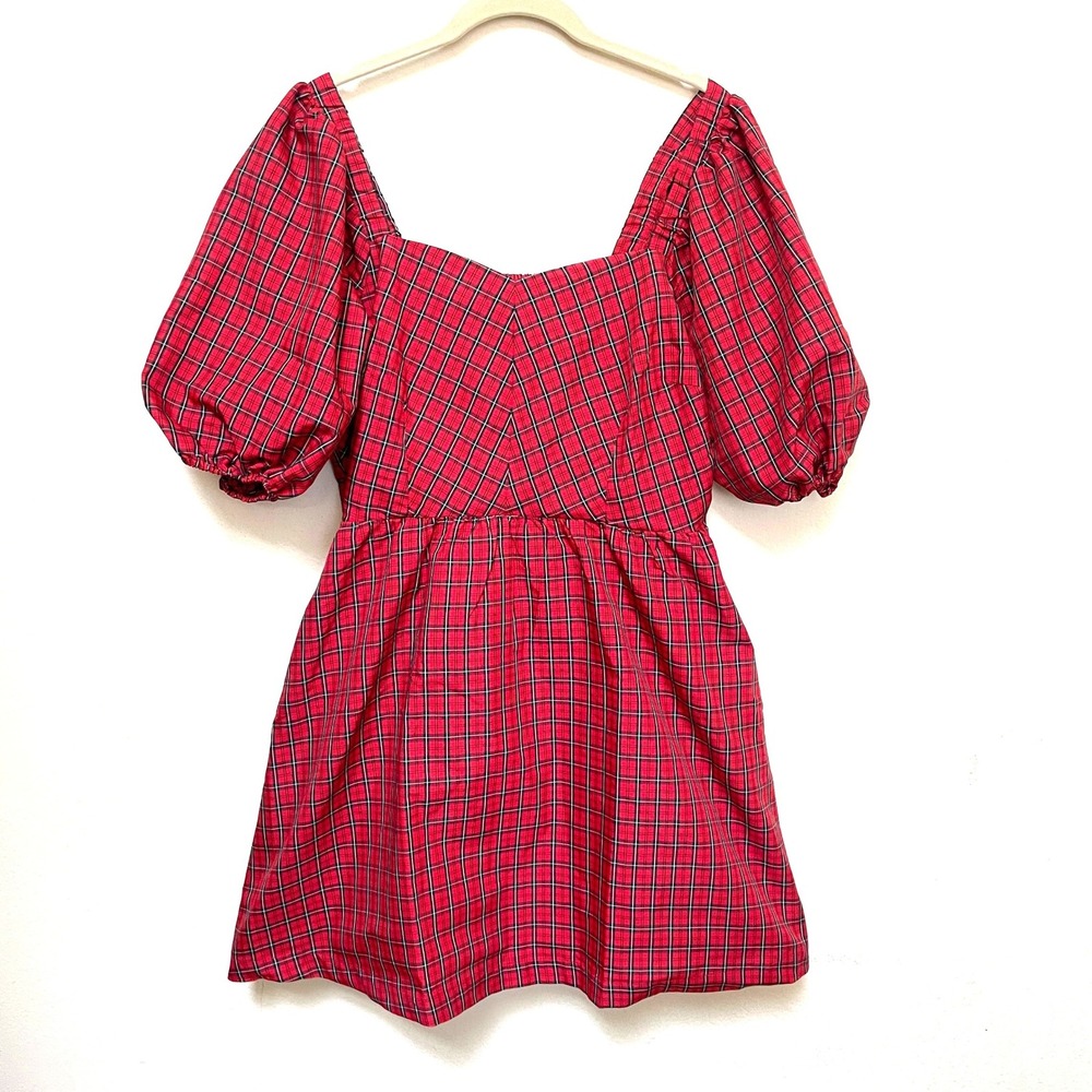 Old Navy Red Plaid Puff Sleeve Mini Dress Christmas Holiday Tartan Small NEW
